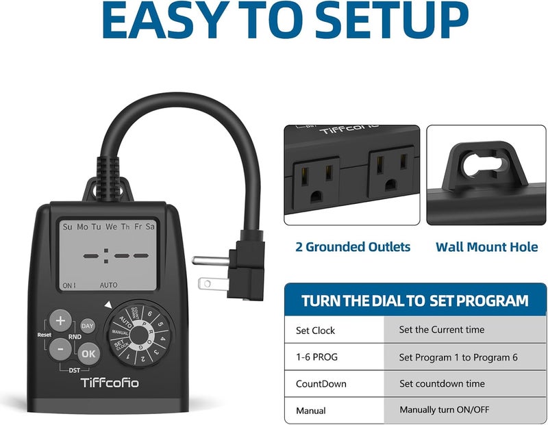 Tiffcofio New Digital Outdoor Timer Outlet, Dial Programmable Method, Outdoor Light Timer Waterproof, 2 Grounded Electrical Outlets for Christmas Lights, 6 Sets of Programs, 15A/1875W (1 Pack) - Image 3